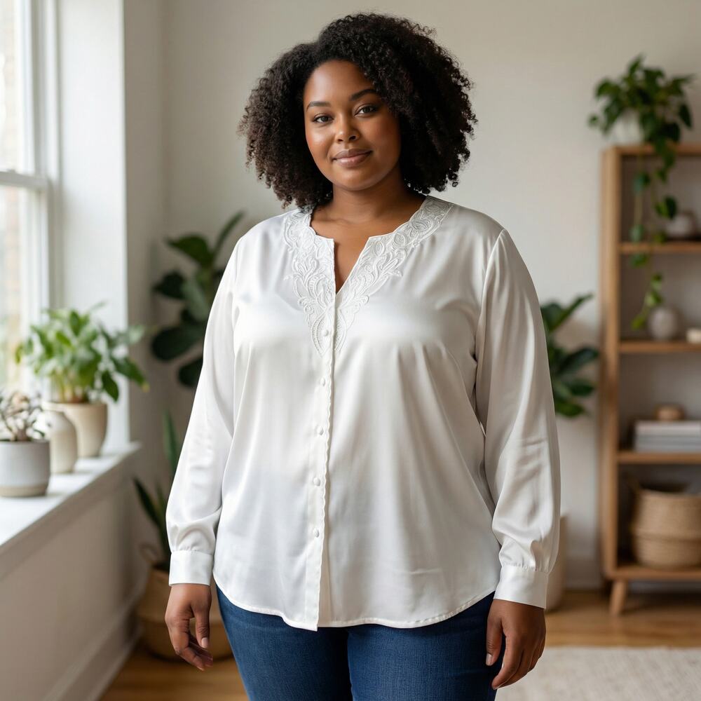 Vintage White Laser Cut Pearl Beaded Embroidered Long Sleeve Top Plus Size 24W
